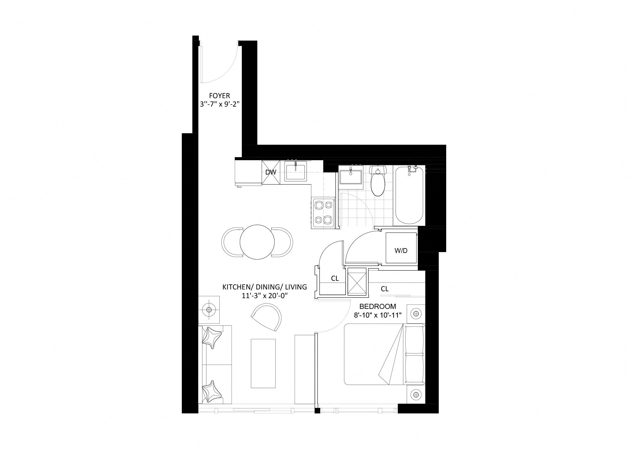 Floor plan for 1 bed, 1 bath, 493 sqft